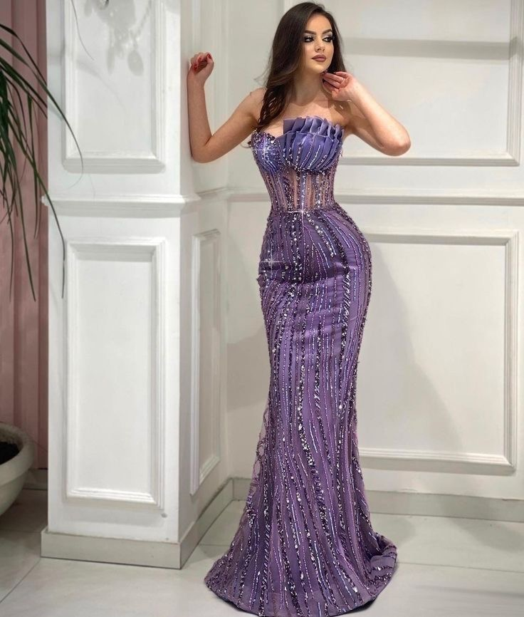Sparkle Mermaid Formal Evening Dress Floor Lenghth Purple Luxurious Party Gown - Fashionpara