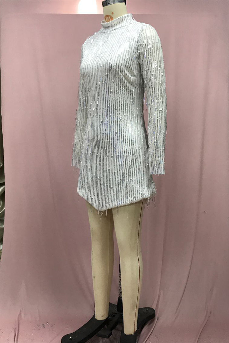 Patchwork Tassel Backless Sequins Turtleneck Evening Dress Dresses - Fashionpara