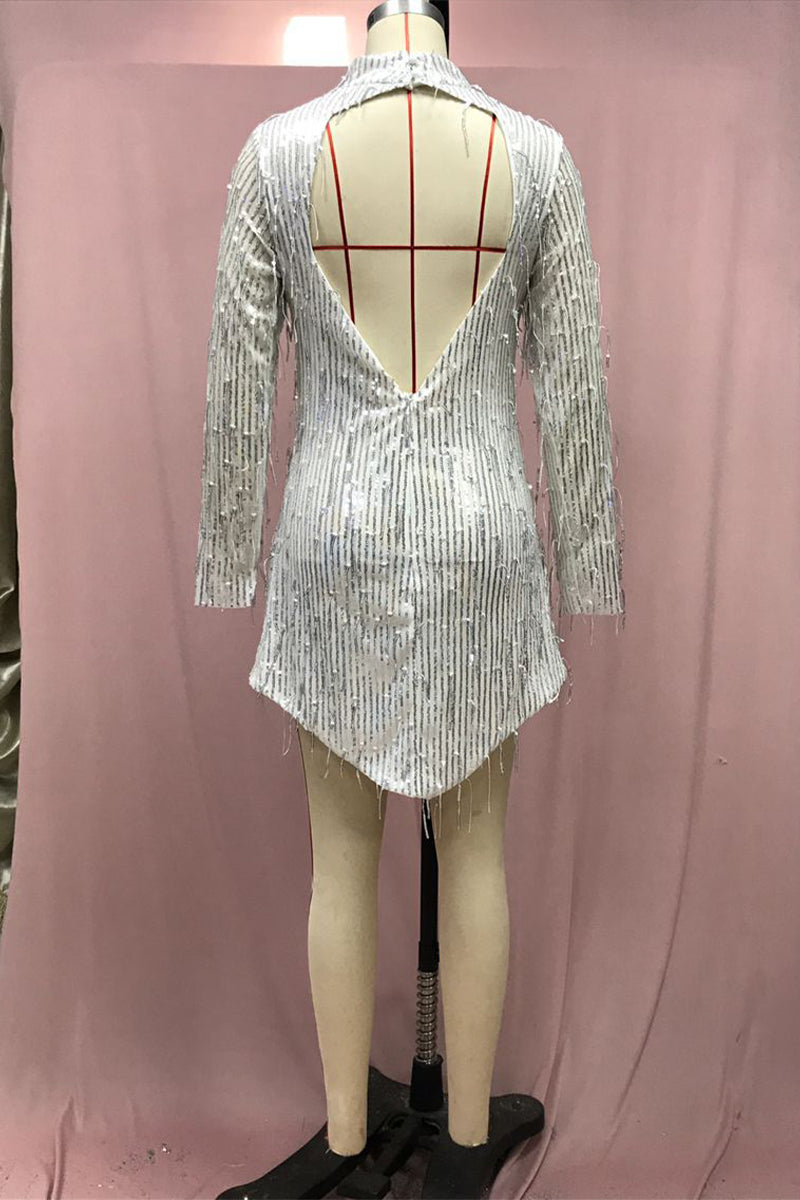 Patchwork Tassel Backless Sequins Turtleneck Evening Dress Dresses - Fashionpara