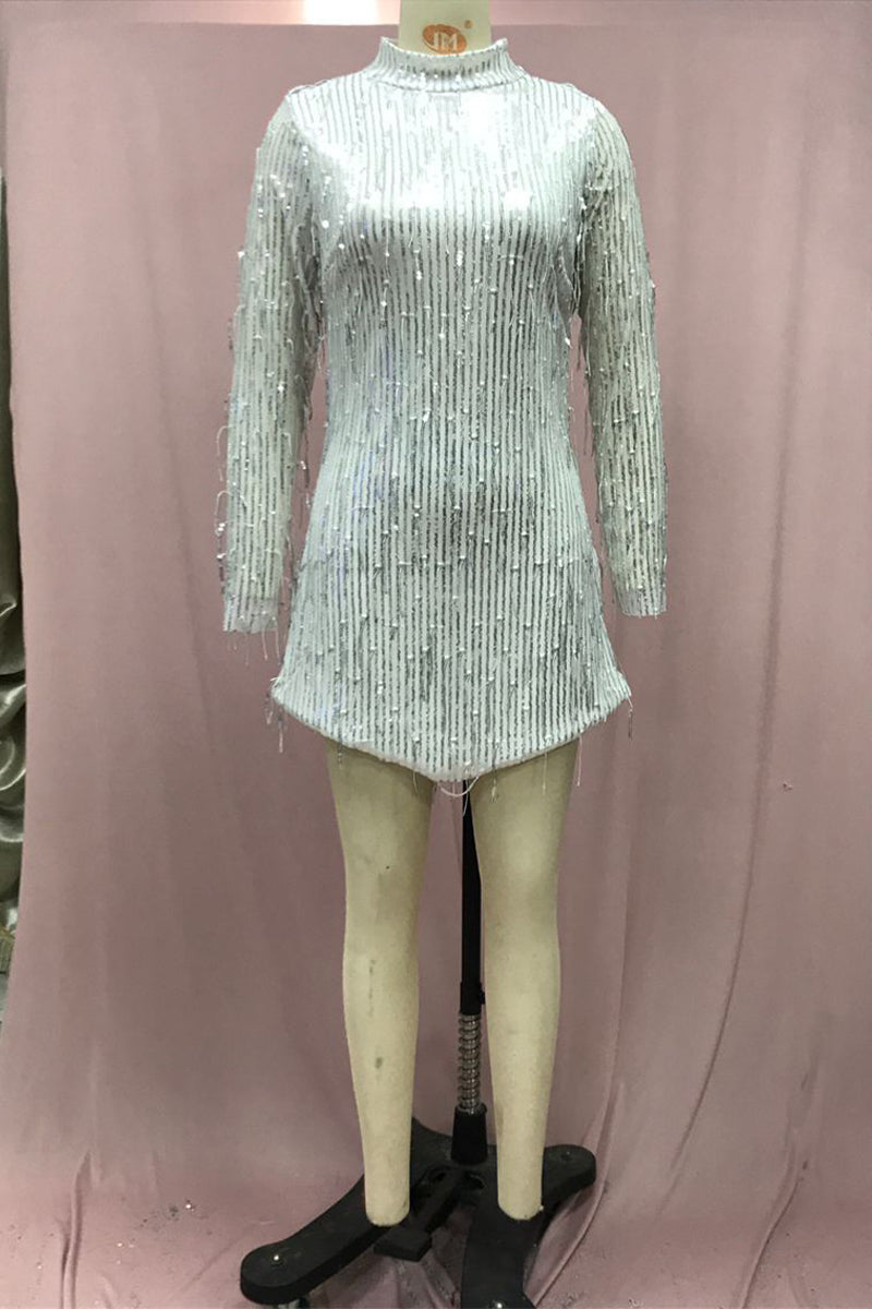 Patchwork Tassel Backless Sequins Turtleneck Evening Dress Dresses - Fashionpara