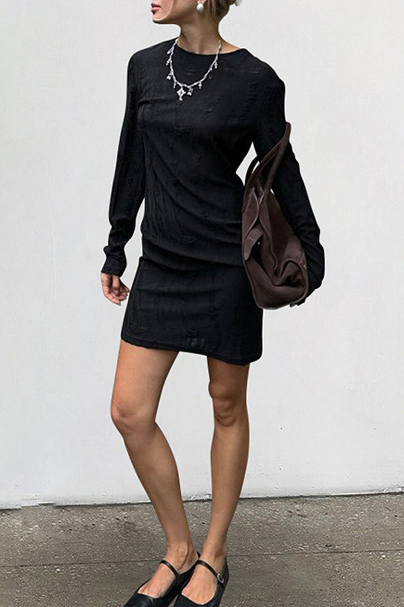 Casual Street Ripped Distressed O Neck Wrapped Skirt Dresses - Fashionpara