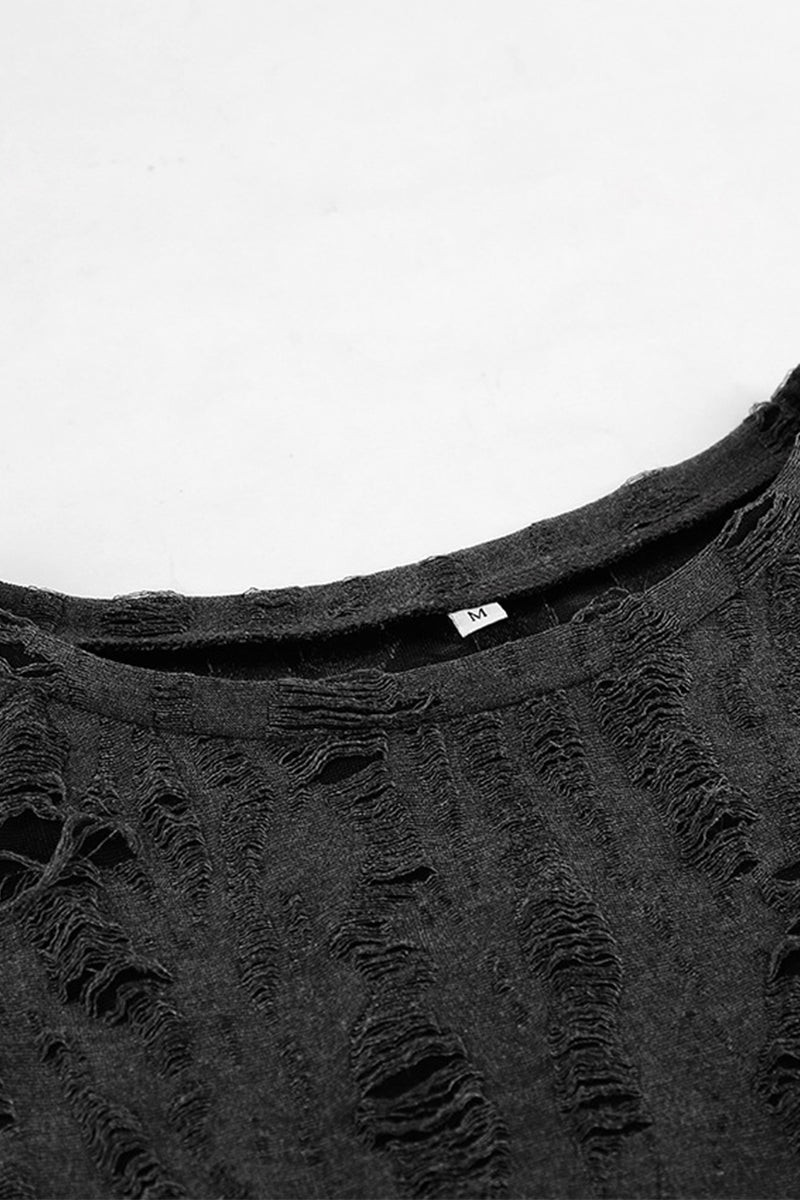 Casual Street Ripped Distressed O Neck Wrapped Skirt Dresses - Fashionpara