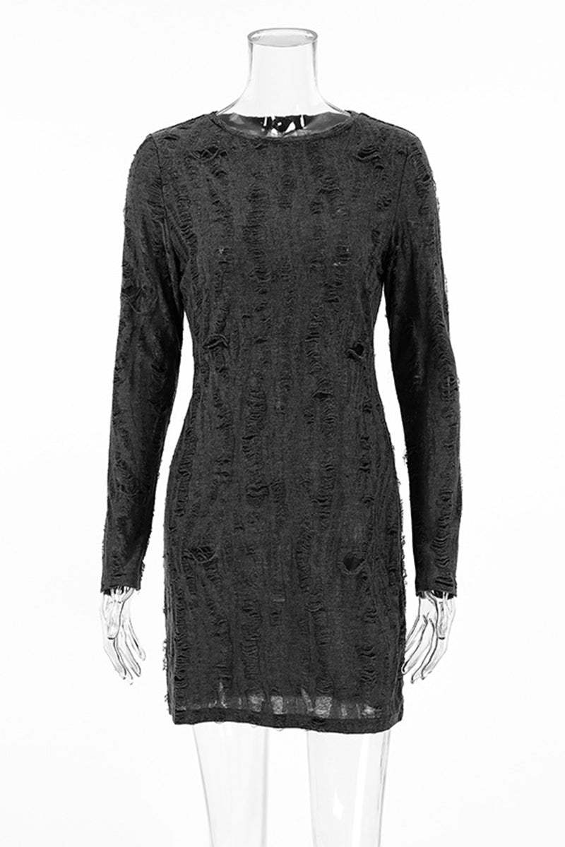 Casual Street Ripped Distressed O Neck Wrapped Skirt Dresses - Fashionpara