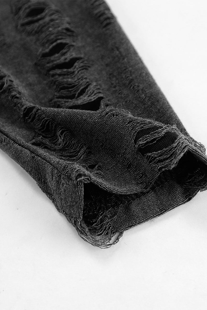 Casual Street Ripped Distressed O Neck Wrapped Skirt Dresses - Fashionpara