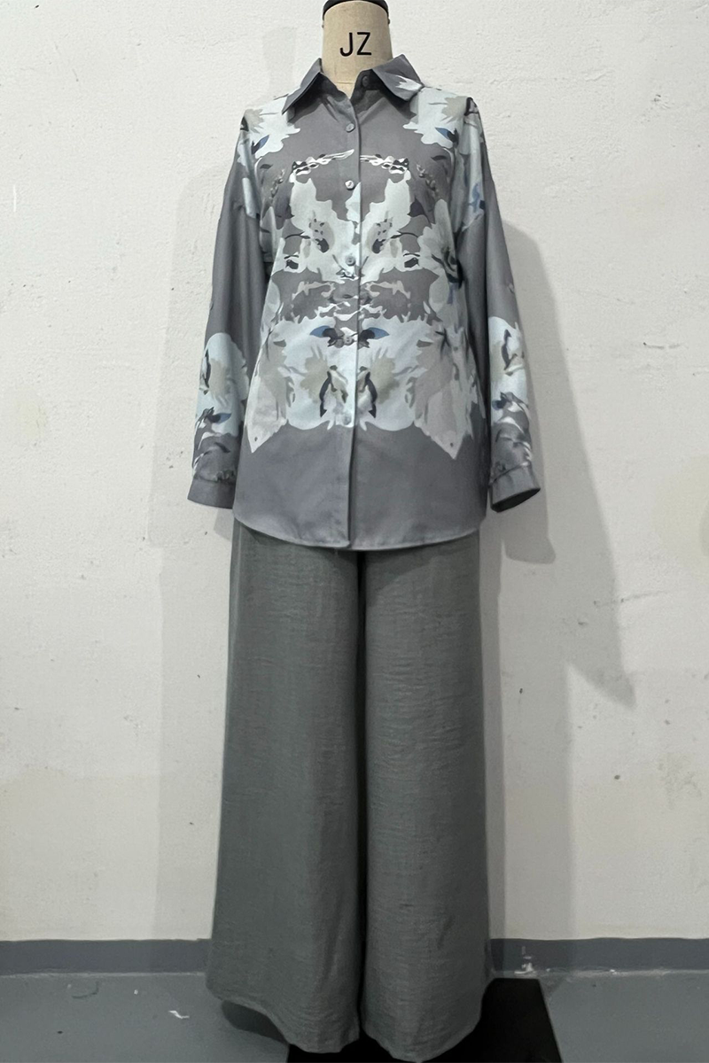 Casual Floral Print Buttons Turndown Collar Long Sleeve Two Pieces