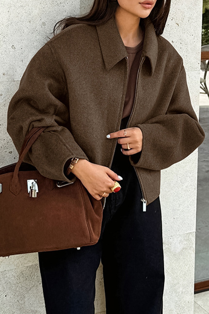 Casual Zippered Blazer with Turndown Collar for Effortless Style