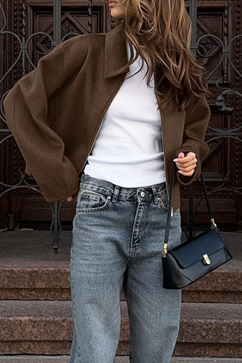 Casual Zippered Blazer with Turndown Collar for Effortless Style