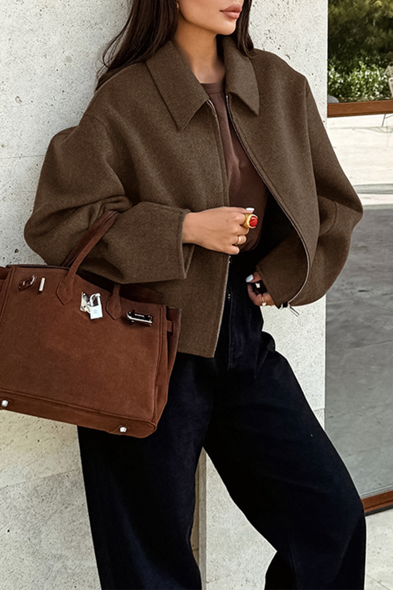 Casual Zippered Blazer with Turndown Collar for Effortless Style