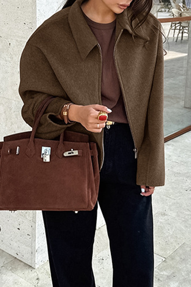 Casual Zippered Blazer with Turndown Collar for Effortless Style