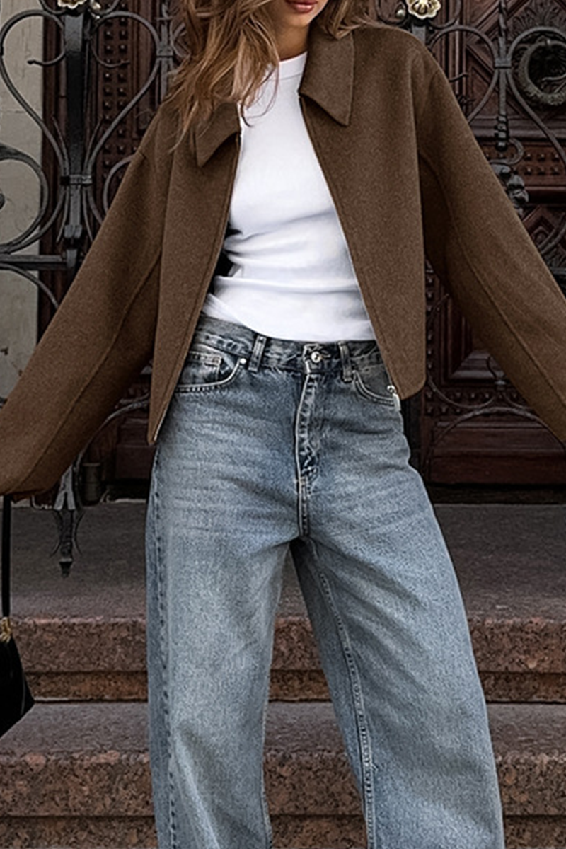 Casual Zippered Blazer with Turndown Collar for Effortless Style