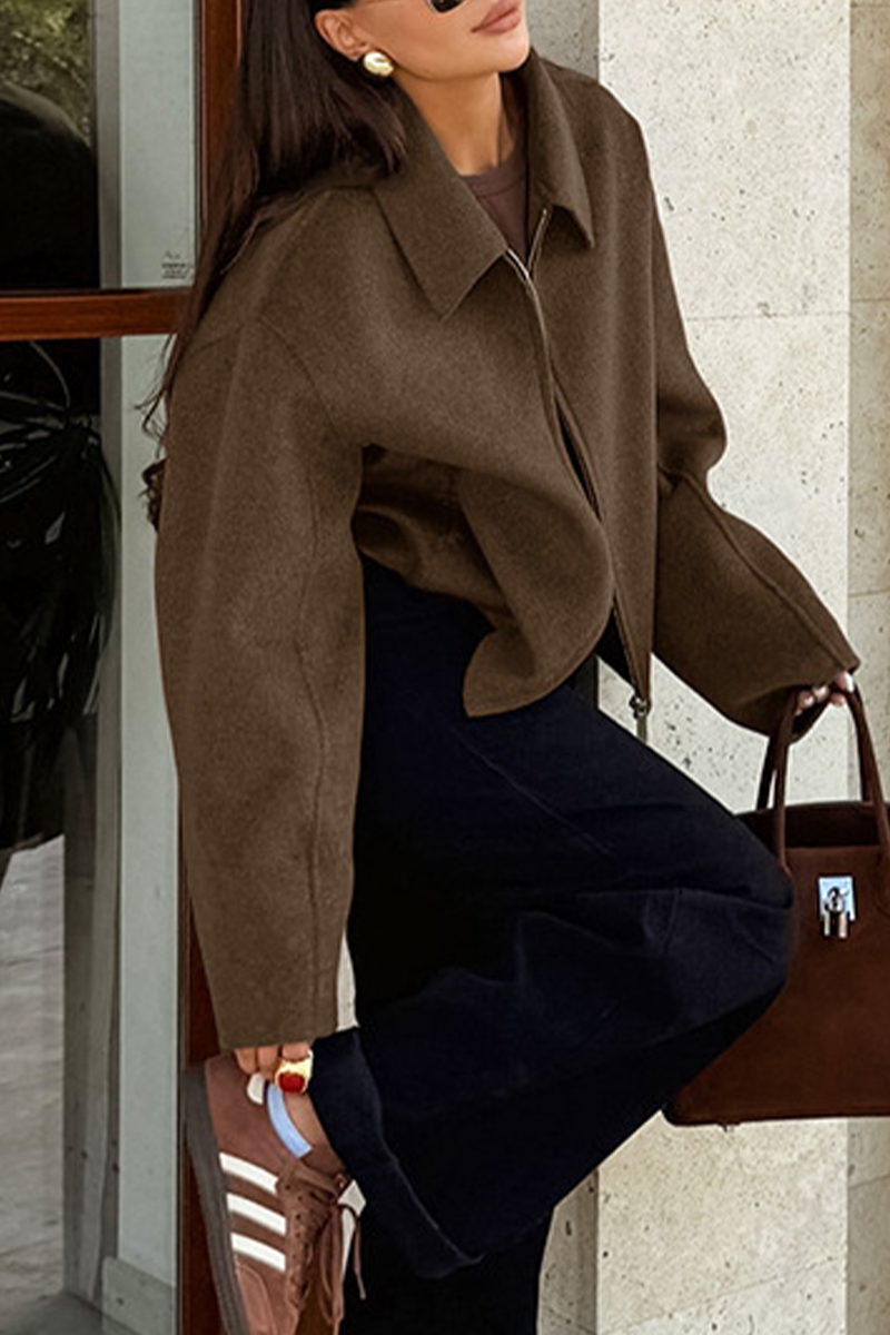 Casual Zippered Blazer with Turndown Collar for Effortless Style