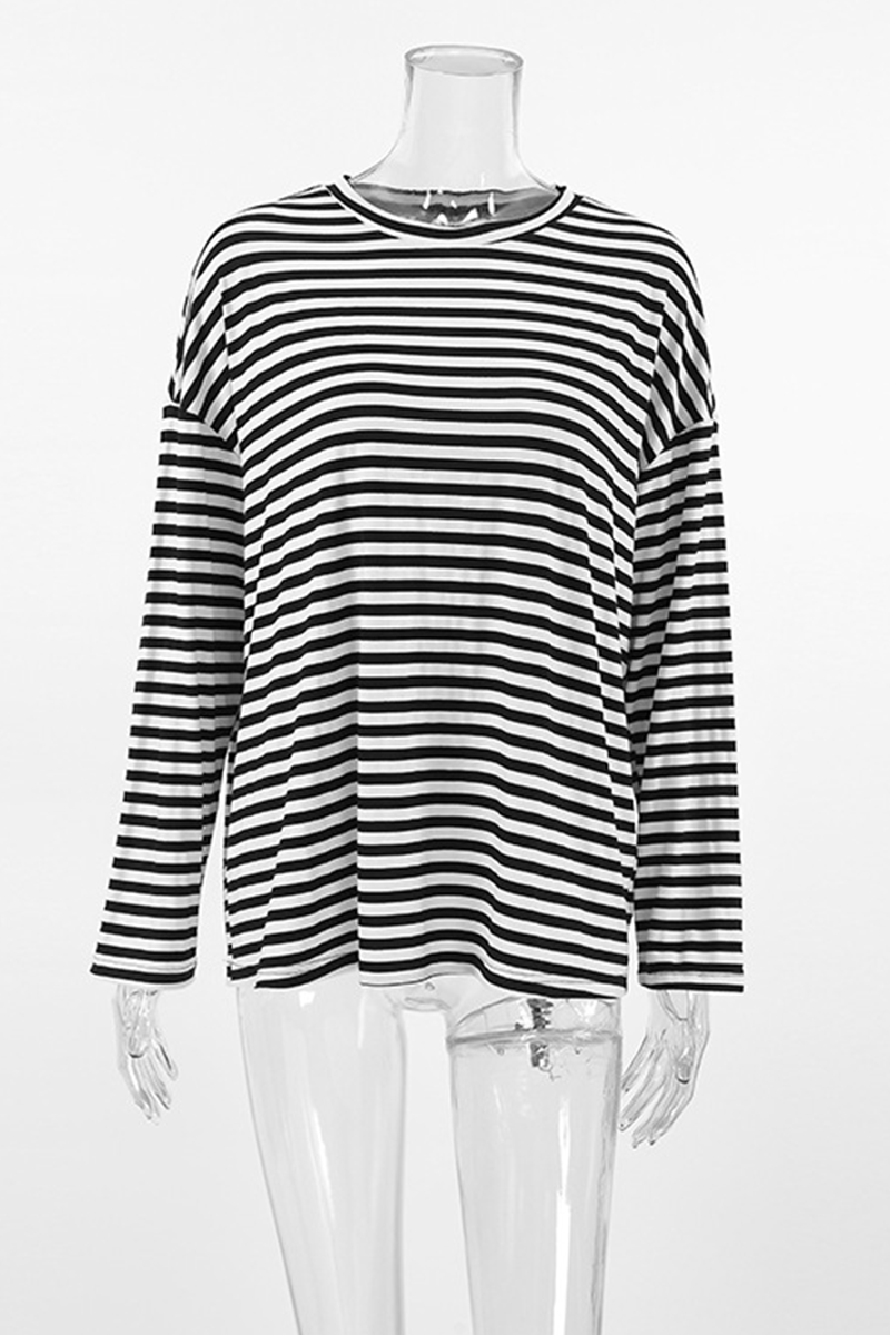 Casual Stripe Contrast O Neck Tops - Fashionpara