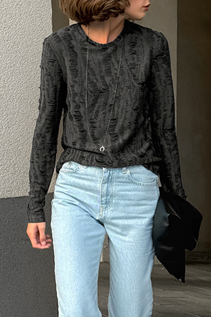 Casual Street Ripped Distressed O Neck Tops - Fashionpara