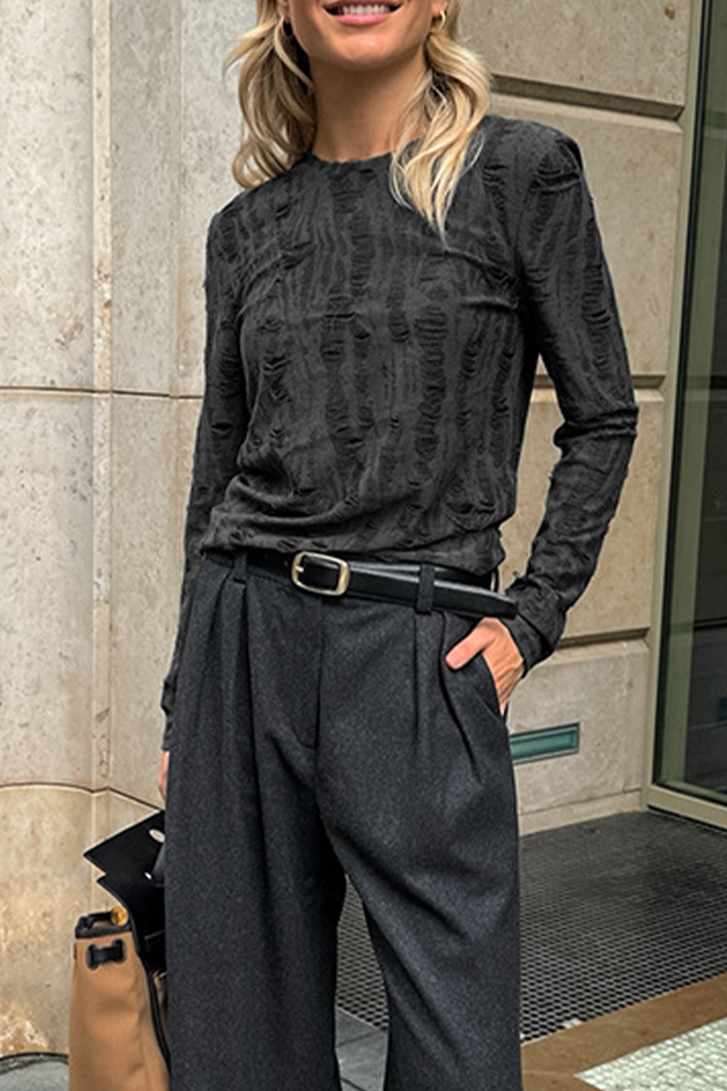 Casual Street Ripped Distressed O Neck Tops - Fashionpara