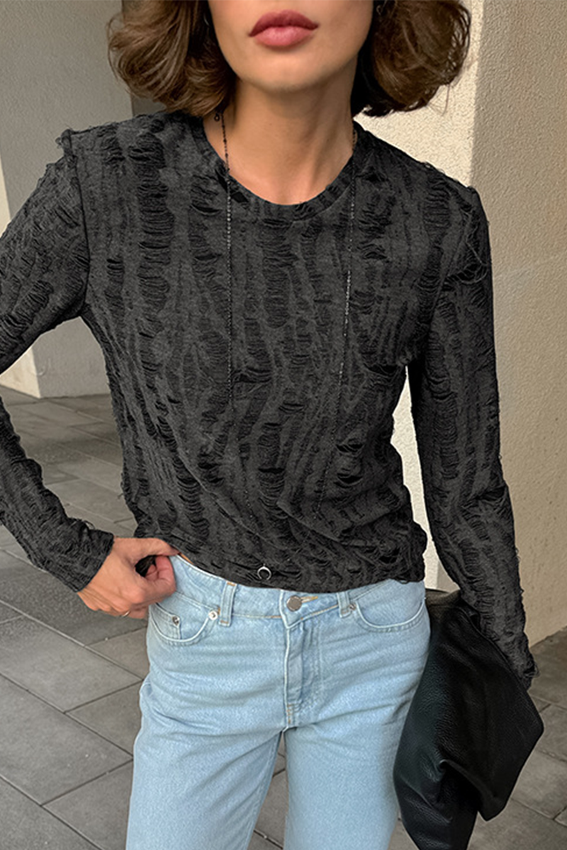 Casual Street Ripped Distressed O Neck Tops - Fashionpara