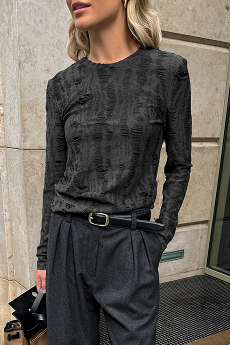 Casual Street Ripped Distressed O Neck Tops - Fashionpara