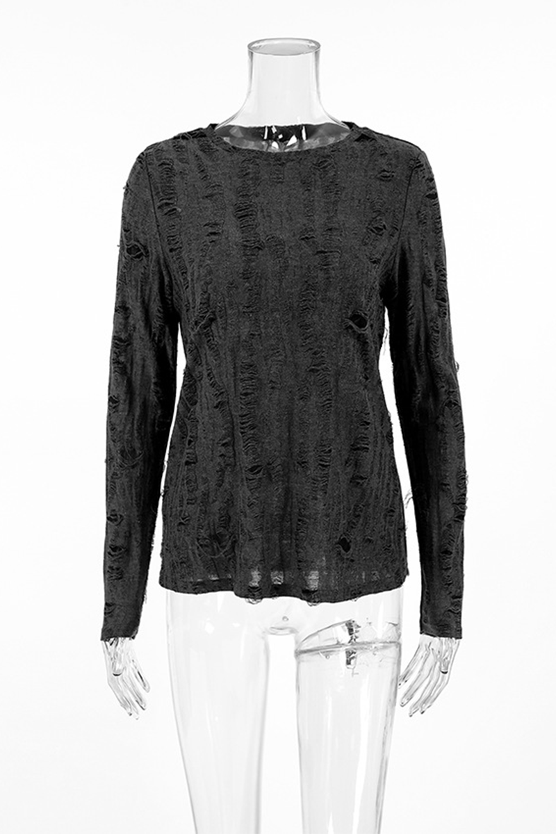Casual Street Ripped Distressed O Neck Tops - Fashionpara