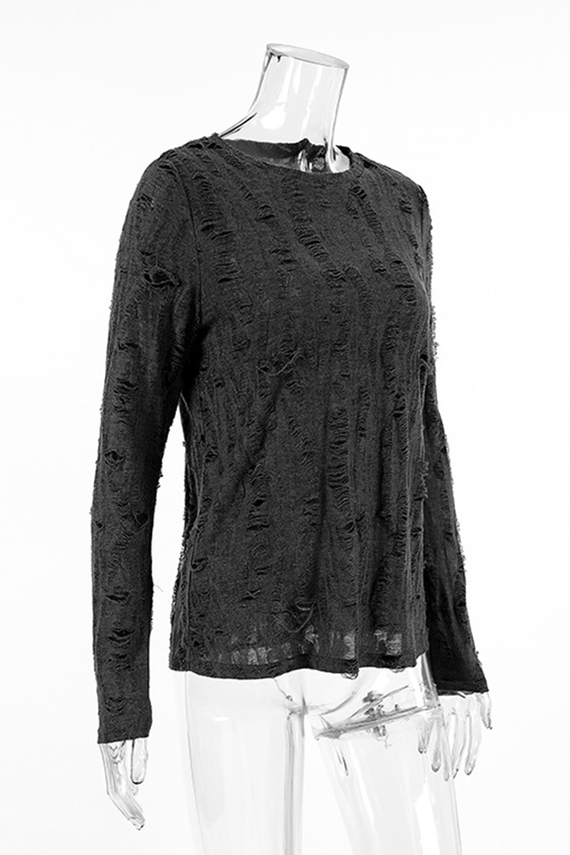 Casual Street Ripped Distressed O Neck Tops - Fashionpara