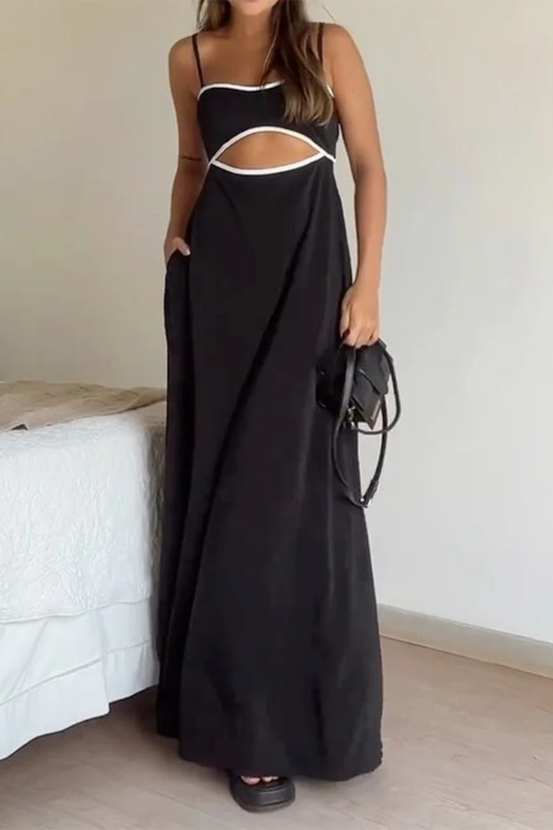 Casual Hollow Out Pocket Patchwork U Neck Sling Dresses - Fashionpara