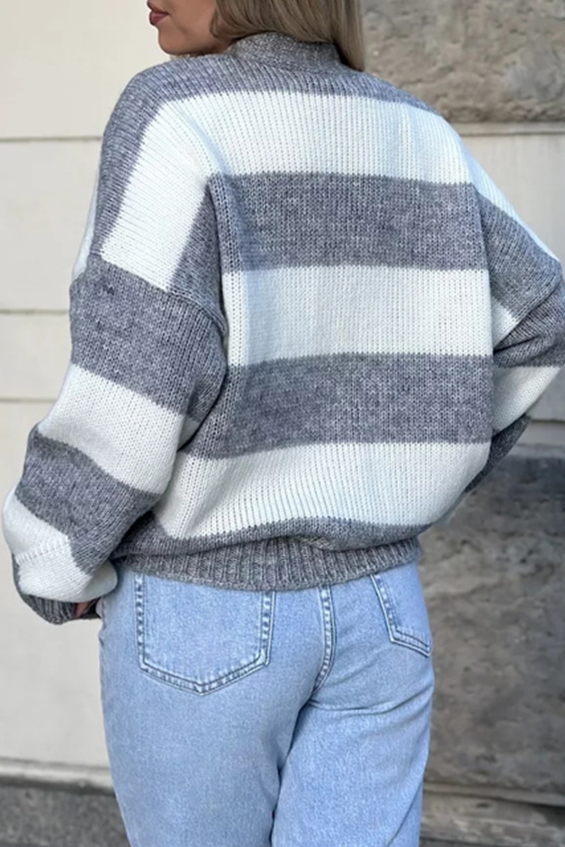 Casual V Neck Knitted Jacket with Pocket Patchwork Design