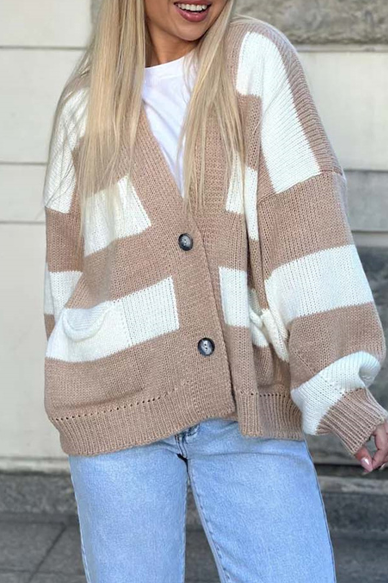 Casual V Neck Knitted Jacket with Pocket Patchwork Design