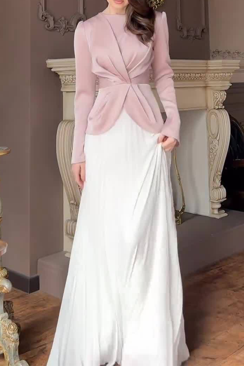 Elegant Ruched Strap Design Contrast O Neck Waist Skirt Dresses - Fashionpara