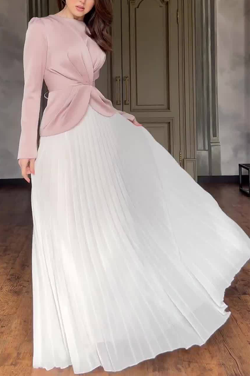 Elegant Ruched Strap Design Contrast O Neck Waist Skirt Dresses - Fashionpara