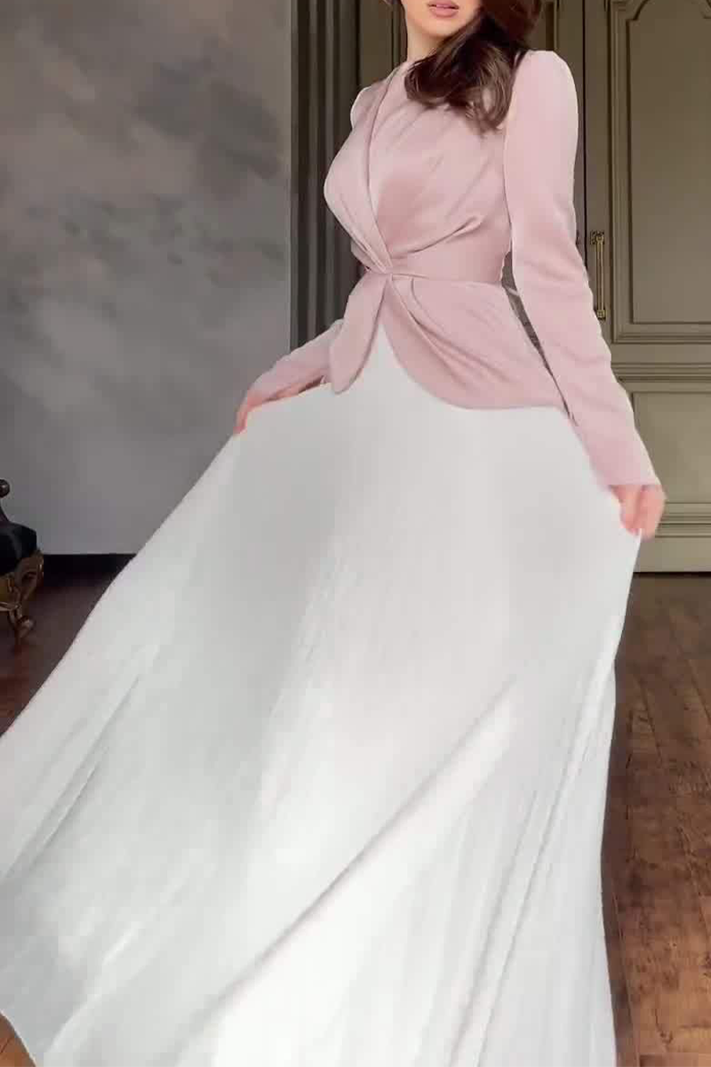 Elegant Ruched Strap Design Contrast O Neck Waist Skirt Dresses - Fashionpara