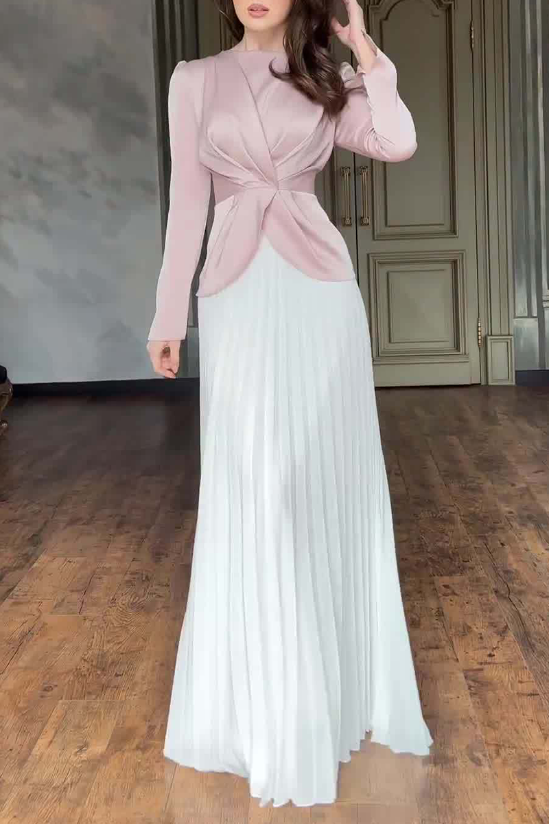 Elegant Ruched Strap Design Contrast O Neck Waist Skirt Dresses - Fashionpara