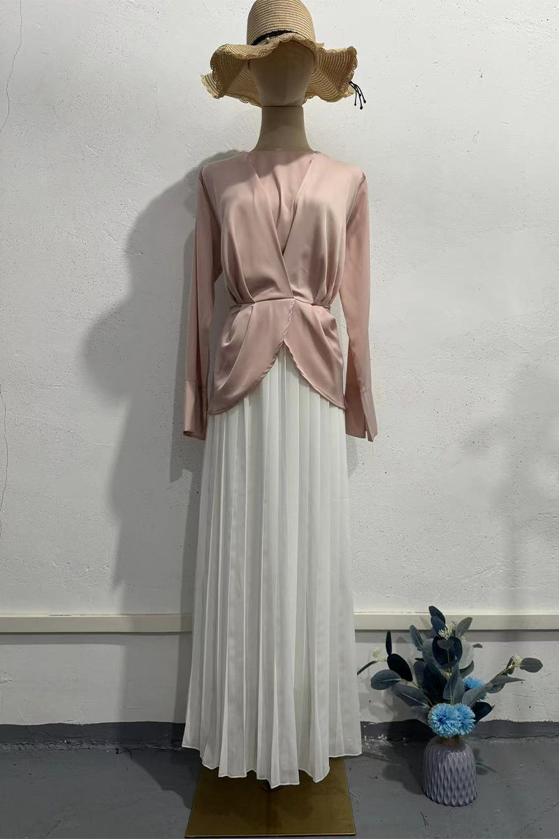 Elegant Ruched Strap Design Contrast O Neck Waist Skirt Dresses - Fashionpara