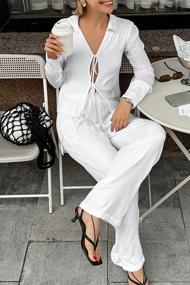 Casual Street Pocket Lace Up Turndown Collar Long Sleeve Two Pieces - Fashionpara