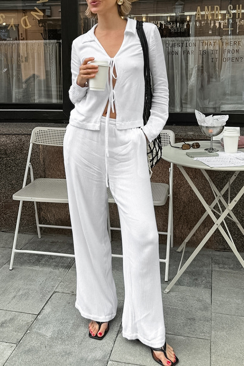 Casual Street Pocket Lace Up Turndown Collar Long Sleeve Two Pieces - Fashionpara