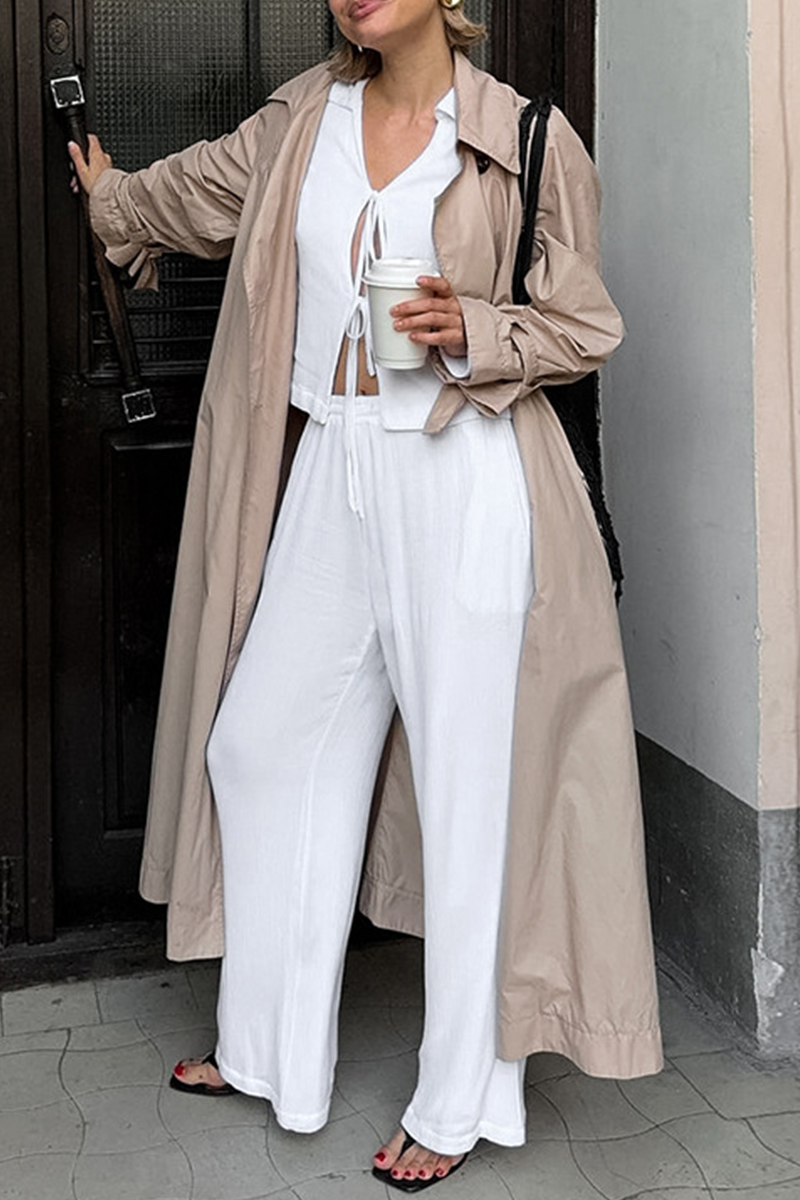 Casual Street Pocket Lace Up Turndown Collar Long Sleeve Two Pieces - Fashionpara