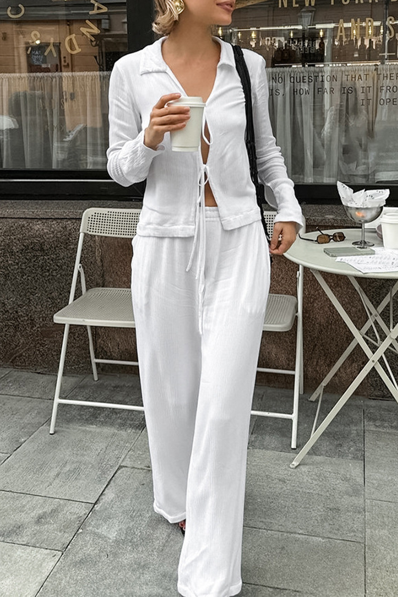 Casual Street Pocket Lace Up Turndown Collar Long Sleeve Two Pieces - Fashionpara