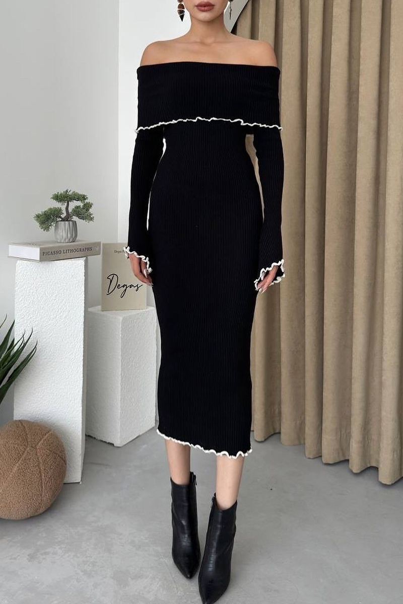 Sexy Patchwork Contrast Potholes Off Shoulder One Step Skirt Dresses - Fashionpara