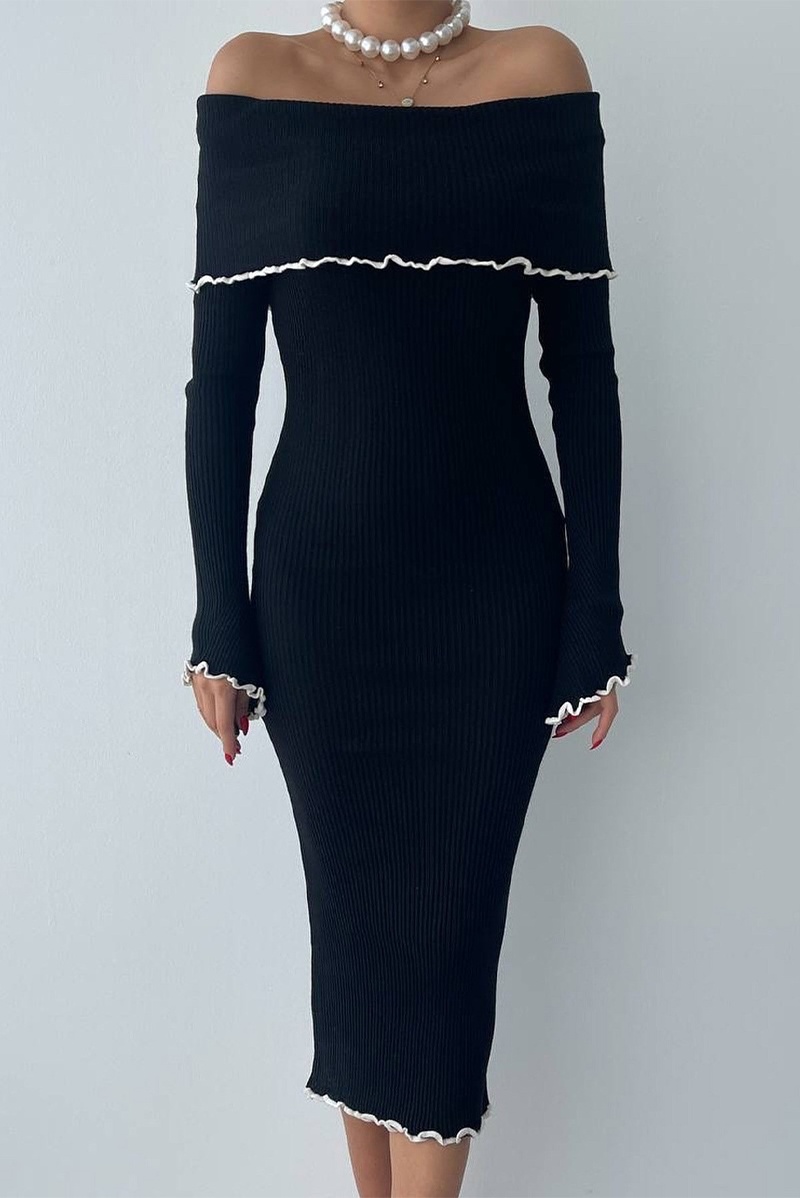 Sexy Patchwork Contrast Potholes Off Shoulder One Step Skirt Dresses - Fashionpara