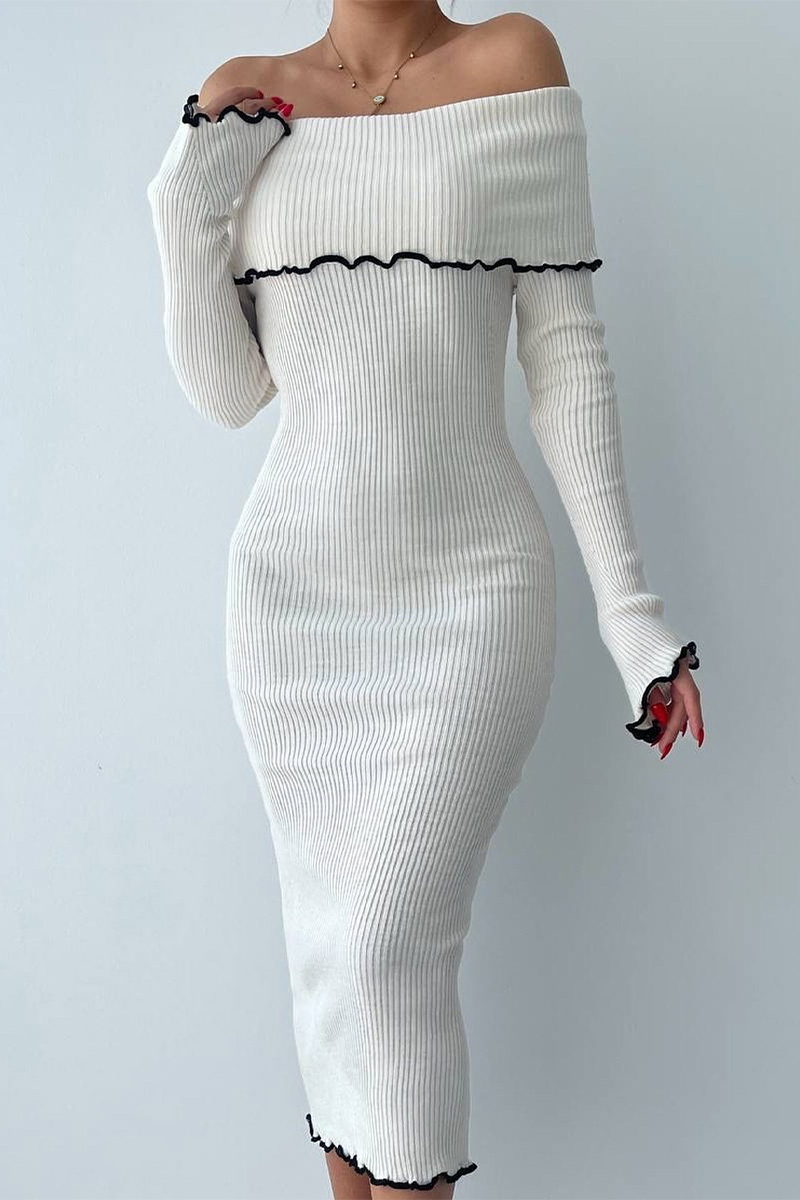 Sexy Patchwork Contrast Potholes Off Shoulder One Step Skirt Dresses - Fashionpara