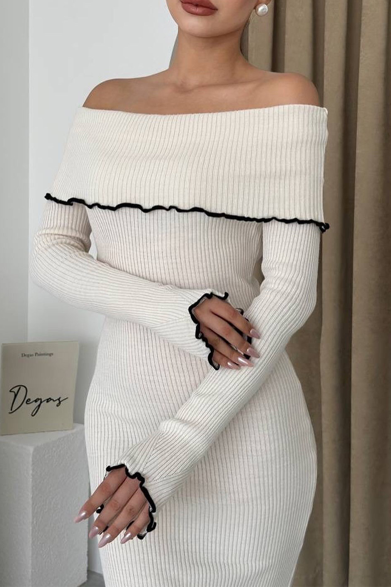 Sexy Patchwork Contrast Potholes Off Shoulder One Step Skirt Dresses - Fashionpara