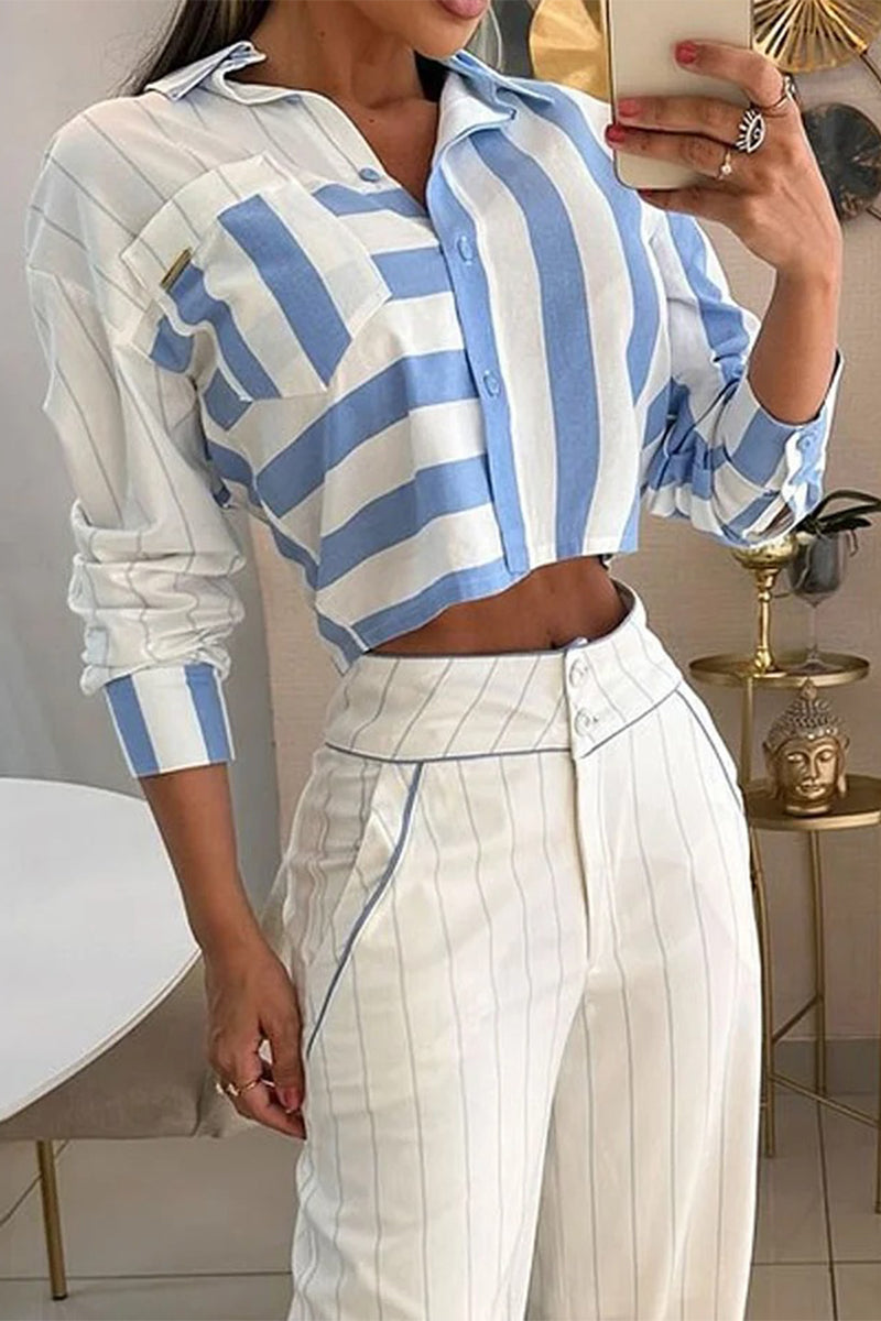 Casual Stripe Buttons Patchwork Contrast Turndown Collar Long Sleeve Two Pieces - Fashionpara
