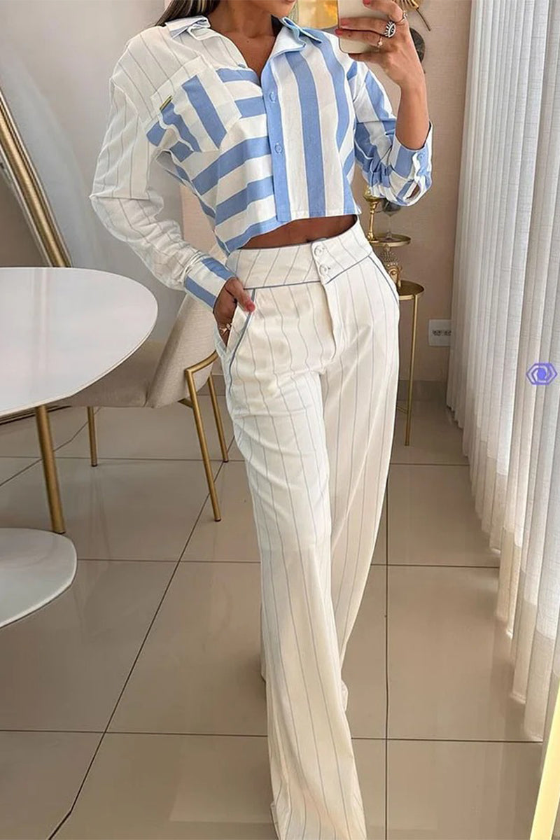 Casual Stripe Buttons Patchwork Contrast Turndown Collar Long Sleeve Two Pieces - Fashionpara