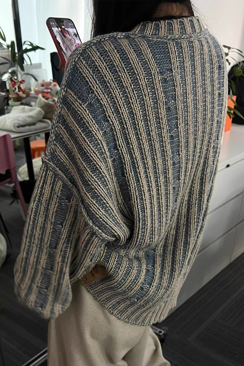 Florcoo Casual Stripe Weave O Neck Sweater for Everyday Style