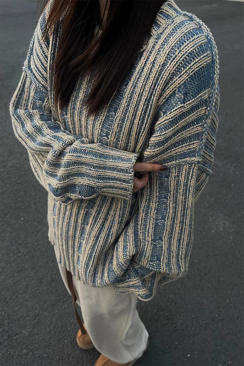 Florcoo Casual Stripe Weave O Neck Sweater for Everyday Style