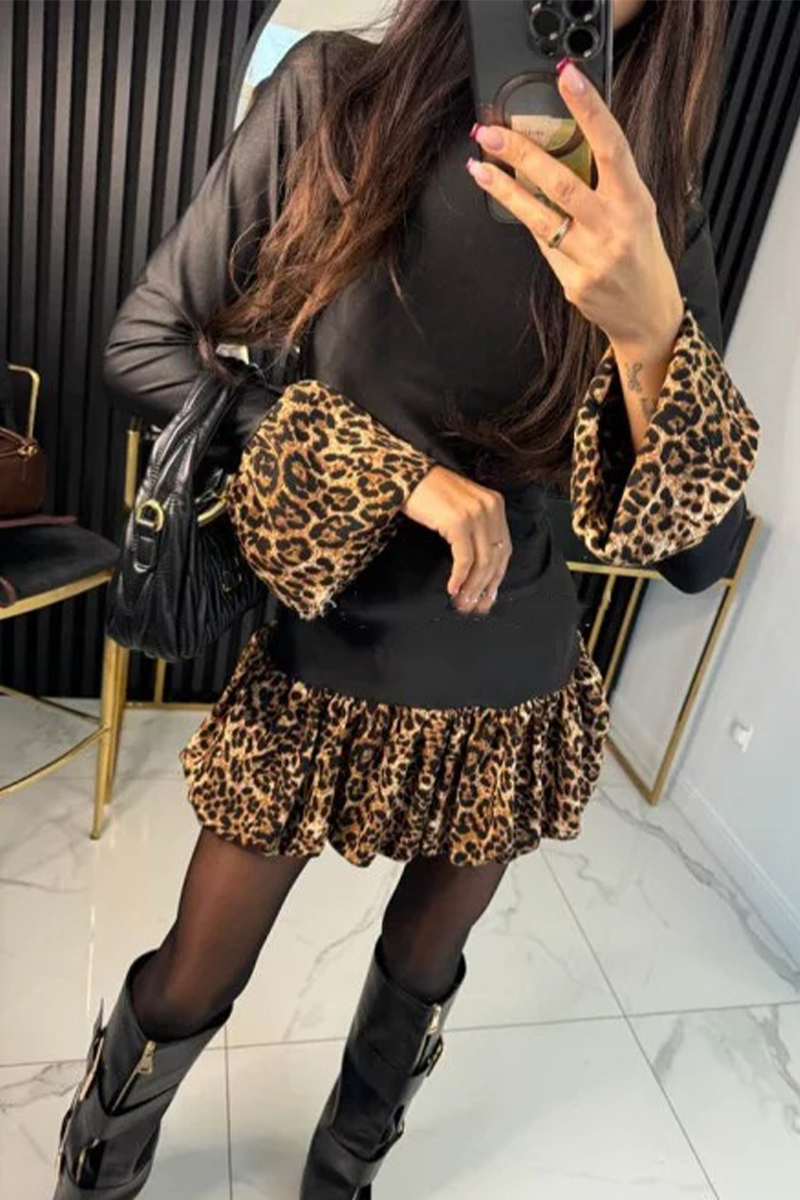 Sexy Leopard Patchwork Ruffle Contrast Half A Turtleneck A Line Dresses - Fashionpara