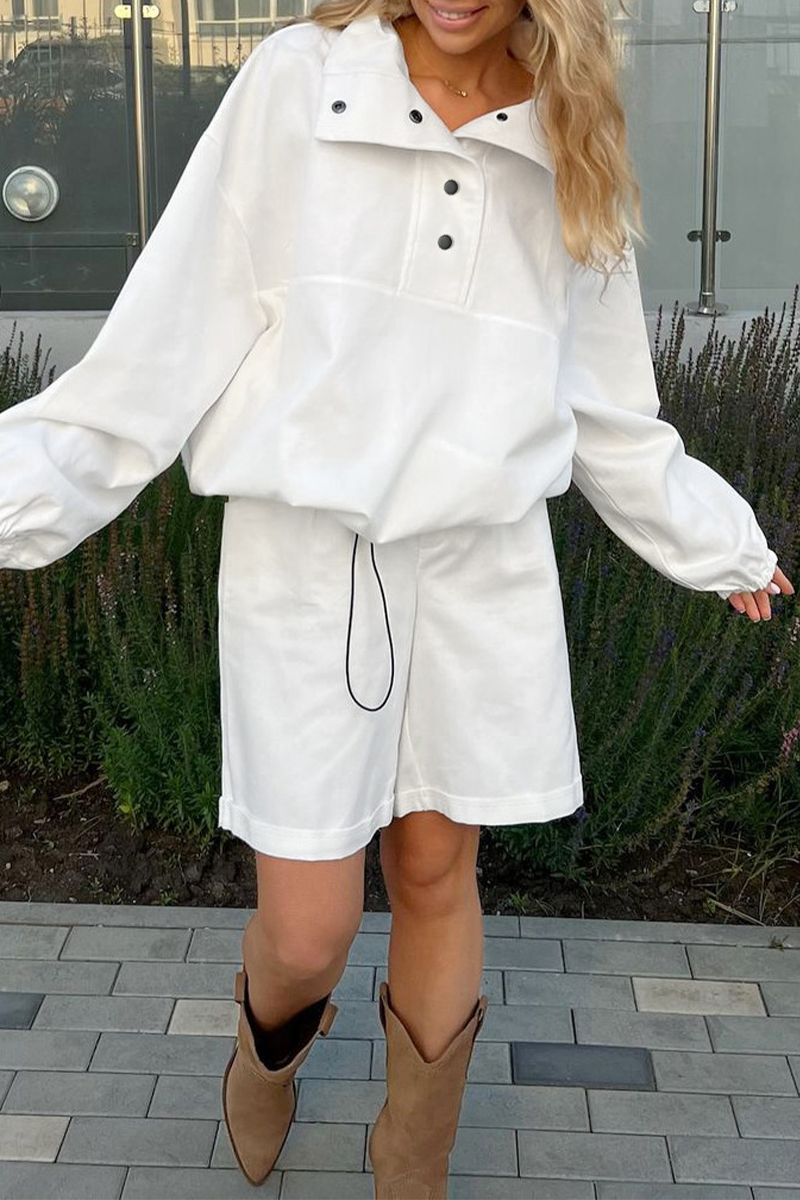 Casual Street Draw String Pocket Buttons Turndown Collar Long Sleeve Two Pieces - Fashionpara