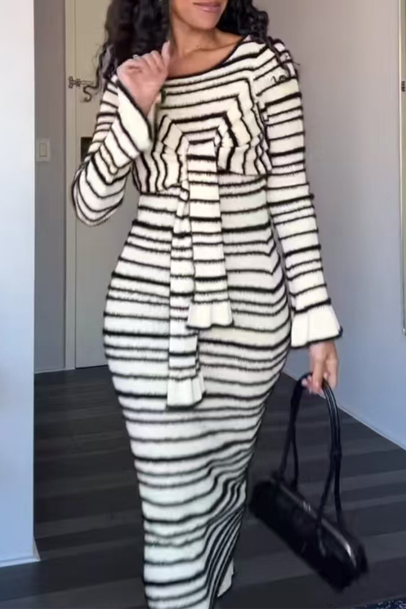 Casual Stripe Patchwork Bow Decor Contrast O Neck One Step Skirt Dresses - Fashionpara