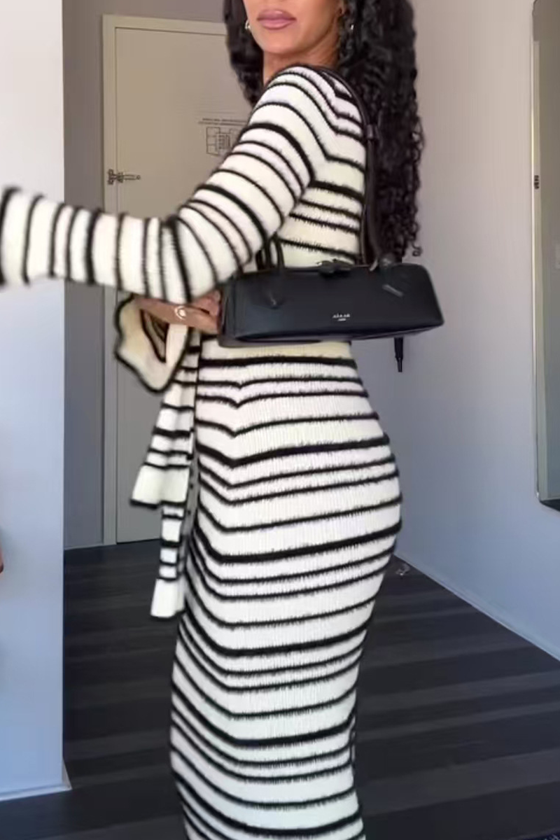 Casual Stripe Patchwork Bow Decor Contrast O Neck One Step Skirt Dresses - Fashionpara