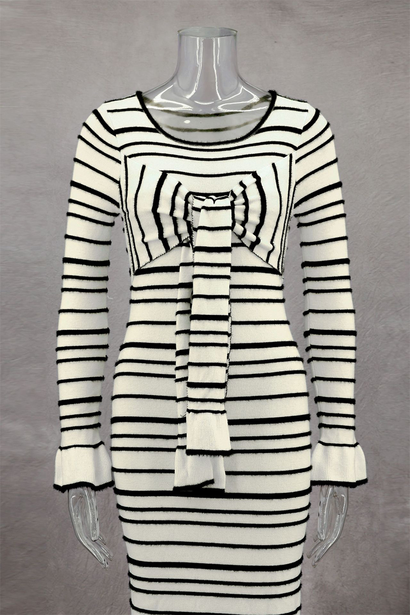 Casual Stripe Patchwork Bow Decor Contrast O Neck One Step Skirt Dresses - Fashionpara