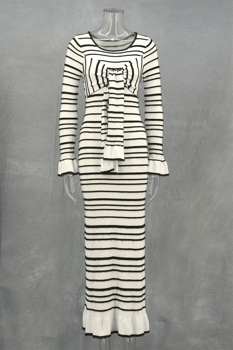 Casual Stripe Patchwork Bow Decor Contrast O Neck One Step Skirt Dresses - Fashionpara