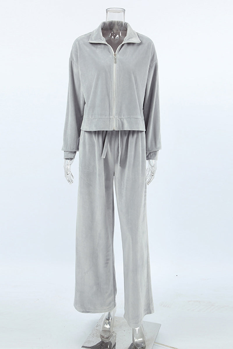 Casual Street Pocket Lace Up Turndown Collar Long Sleeve Two Pieces - Fashionpara