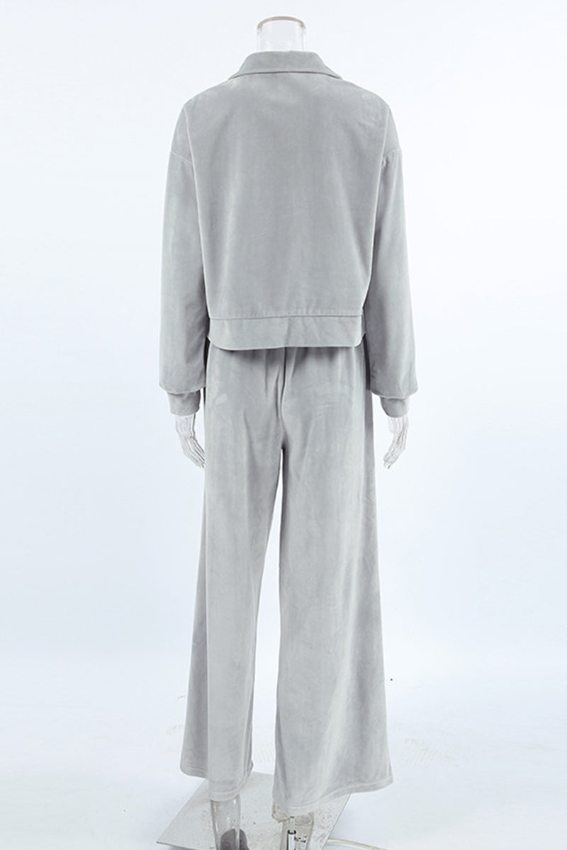 Casual Street Pocket Lace Up Turndown Collar Long Sleeve Two Pieces - Fashionpara